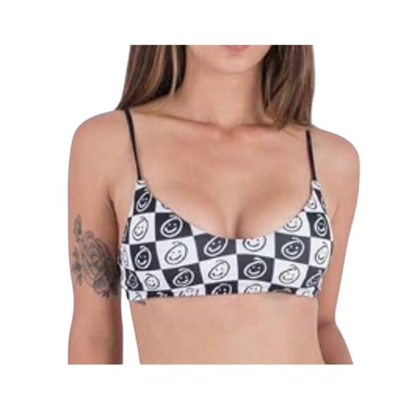 Hurley Black White Smiley Plaid Scoop Bralette Bikini Top Womens Medium - Picture 2 of 6